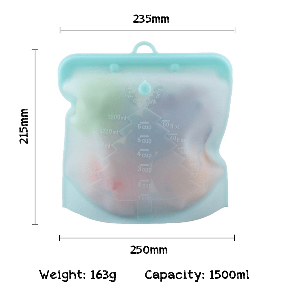 ZERO WASTE INITIATIVE - ZEROWASTEINITIATIVE.COM SET 3 SILICONE REUSABLE ZERO WASTE FOOD STORAGE BAGS WITH VOLUME SCALE 17