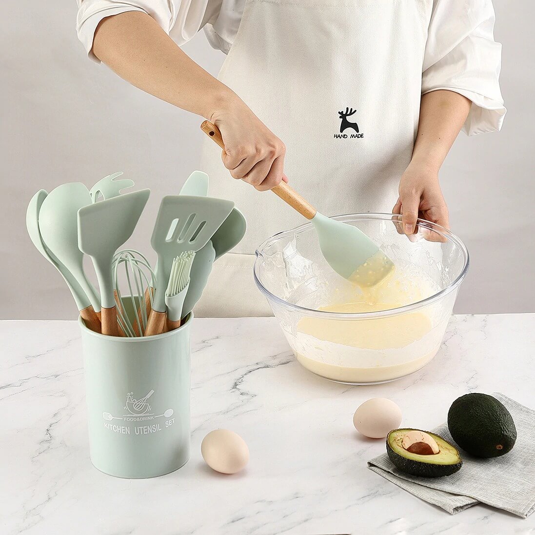 12Pcs Non-Stick Silicone Cooking Utensils Set Heat-Resistant Spatula Spoon  Bbq Clip Beech Handle Soup Ladle Kitchen Gadgets Set