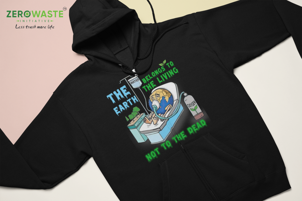 ZERO WASTE INITIATIVE CLOTHING GIFT, ECO FRIENDLY ART SWEATER, UNISEX EARTH DEATH ZIP HOODIE, AWARENESS ZIP SWEATSHIRT, POLYESTER COTTON BLEND S - 5XL