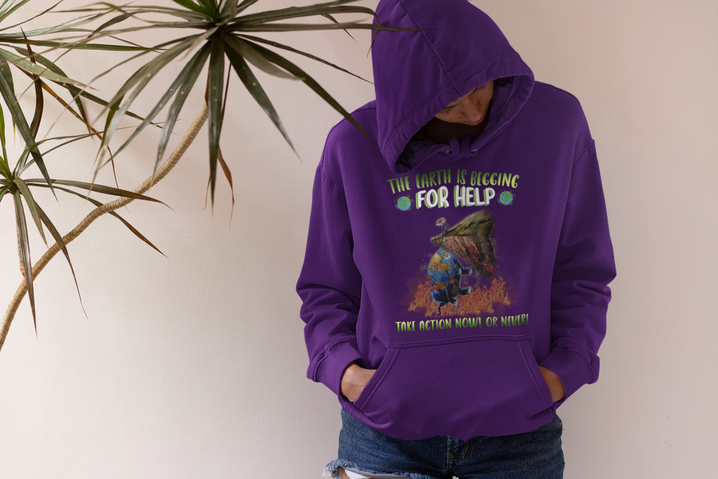 INSPIRATIONAL QUOTE PULLOVER, UNISEX HELP THE EARTH HOODIE, EARTH THREAT HOODED SWEATSHIRT, POLYESTER COTTON BLEND S-5XL, ORGANIC CLOTHING GIFT