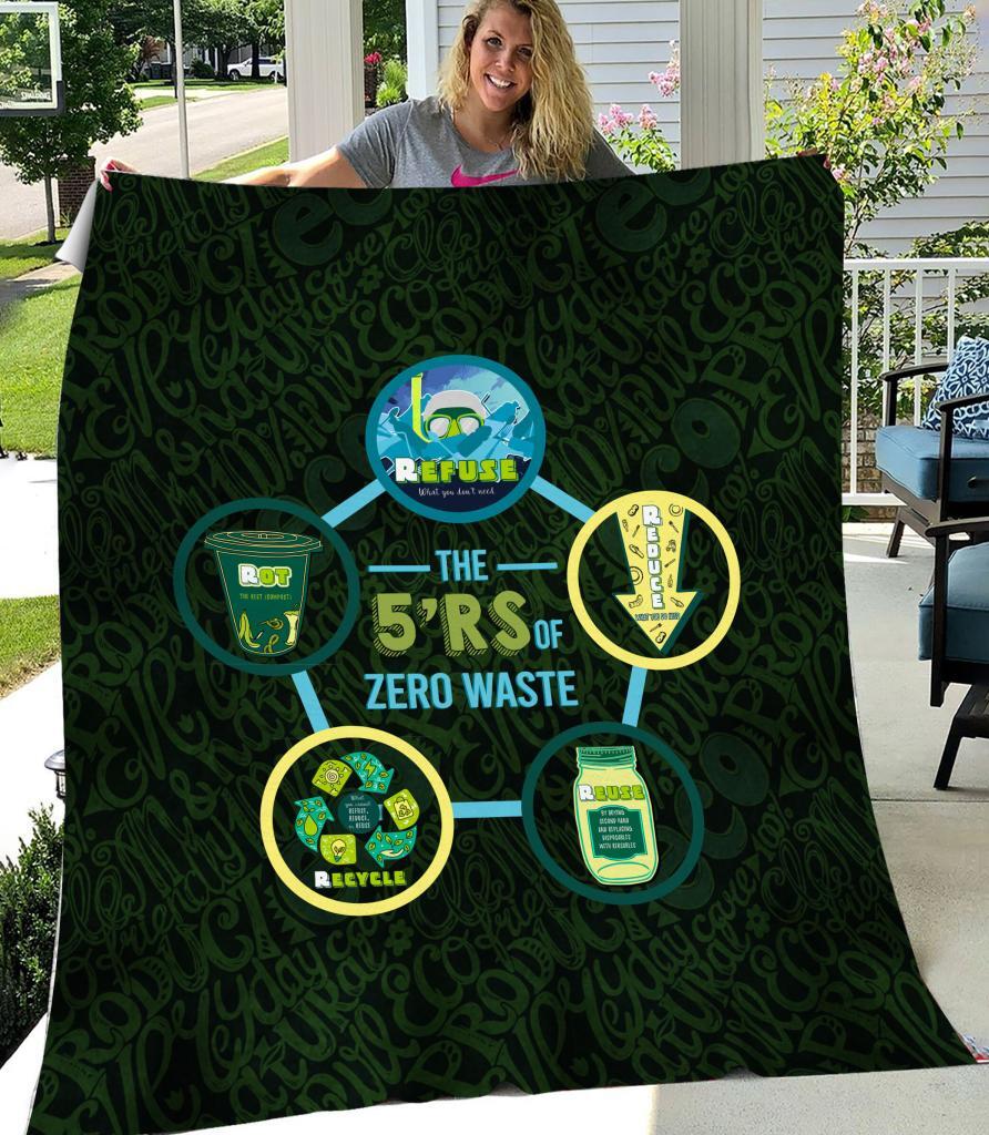 EARTH DAY GRAPHIC OFFICE COVERLET, THE 5 R SHERPA BLANKET, RECYCLING, ECO LIFESTYLE TYPOGRAPHY BEDSPREAD, ZERO WASTE INITIATIVE BLANKET GIFT