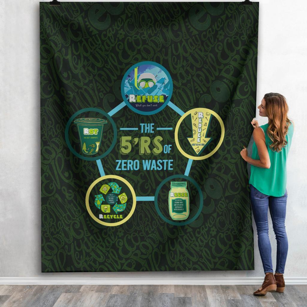 EARTH DAY GRAPHIC OFFICE COVERLET, THE 5 R SHERPA BLANKET, RECYCLING, ECO LIFESTYLE TYPOGRAPHY BEDSPREAD, ZERO WASTE INITIATIVE BLANKET GIFT