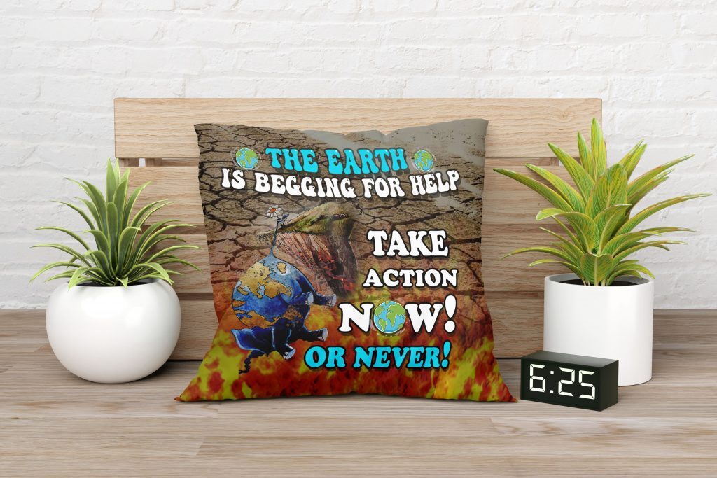 INSPIRATIONAL PAINTING ON PILLOW, HELP THE EARTH, GLOBAL WARMING, ENVIRONMENTAL CANVAS THROW PILLOW, TWO-SIDED PRINT, ZERO WASTE INITIATIVE DECOR GIFT