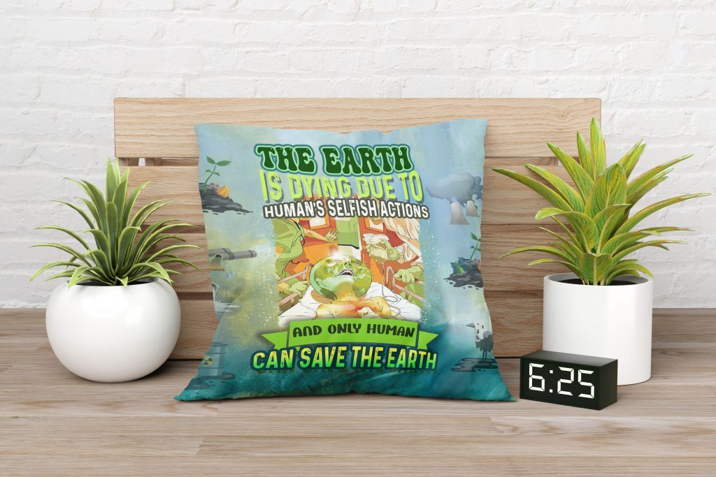 NATURE PRINT WORD ART PILLOW, SELFISH ACTIONS, SAVE EARTH FOR FUTURE, GLOBAL WARMING CANVAS PILLOW, TWO-SIDED PRINT, ZERO WASTE INITIATIVE DECOR GIFT