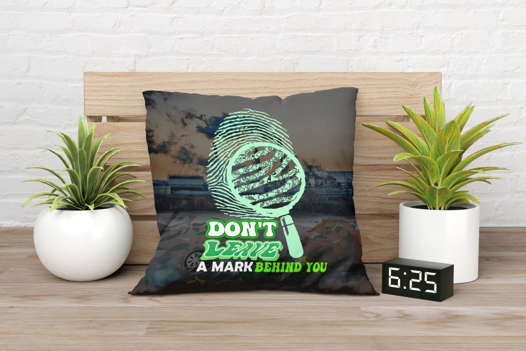 ENVIRONMENTAL PAINTING ON PILLOW, MARK BEHIND YOU, PLASTIC POLLUTION EDUCATIONAL GRAPHIC ART PILLOW, TWO-SIDED PRINT, ZERO WASTE INITIATIVE DECOR GIFT