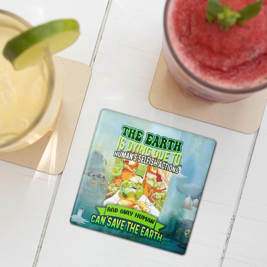SET 4 NATURE, SELFISH ACTIONS STONE COASTERS, SAVE EARTH FOR FUTURE, GLOBAL WARMING RESTAURANT DECOR COASTER, 4 INCHES, ZERO WASTE DRINK COASTERS GIFT