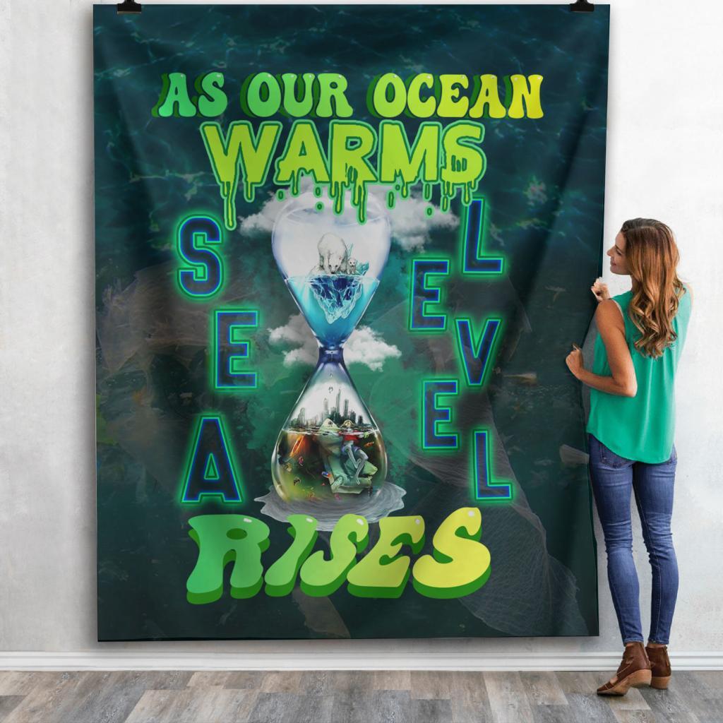 NATURE HANDMADE THROW QUILT, OCEAN HEATING SHERPA BLANKET, SEA NATURE, SEA LEVEL RISING TYPOGRAPHY GRAPHIC COVERLET, SAVE OCEAN BLANKET GIFT