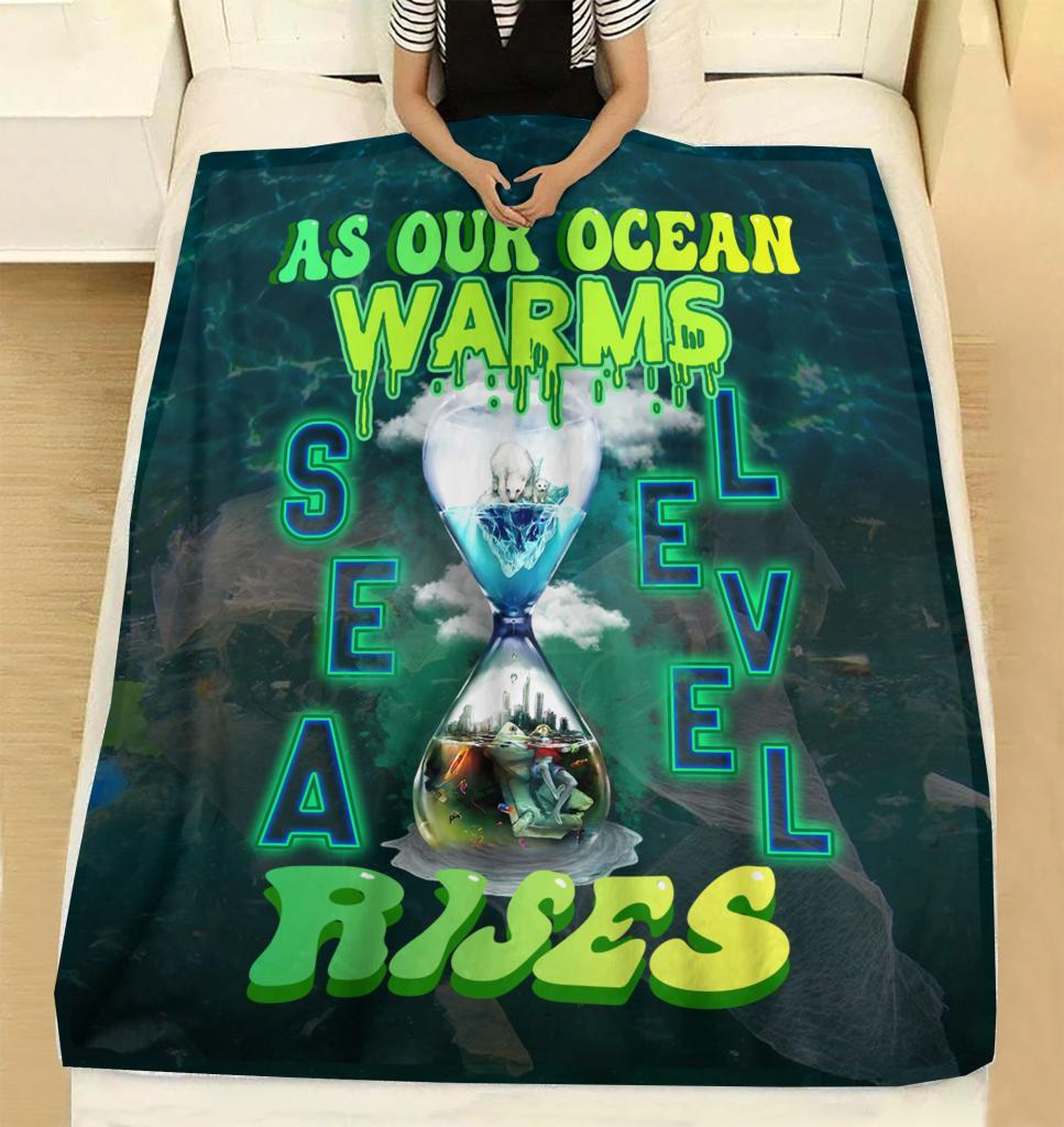 NATURE HANDMADE THROW QUILT, OCEAN HEATING SHERPA BLANKET, SEA NATURE, SEA LEVEL RISING TYPOGRAPHY GRAPHIC COVERLET, SAVE OCEAN BLANKET GIFT