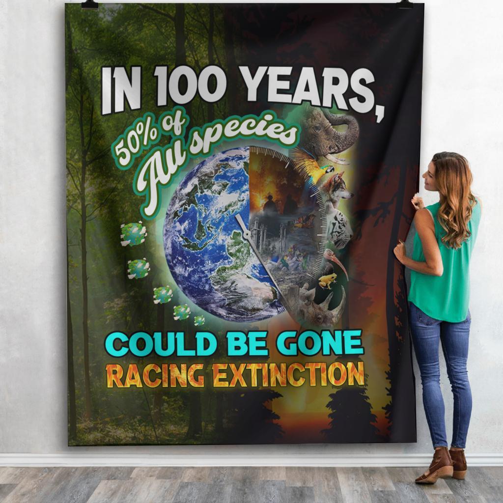 NATURE HANDMADE BEDSPREAD, RACING EXTINCTION SHERPA BLANKET, EARTH THREAT, EXISTENTIAL THREAT GRAPHIC THROW COVERLET, AWARENESS BLANKET GIFT