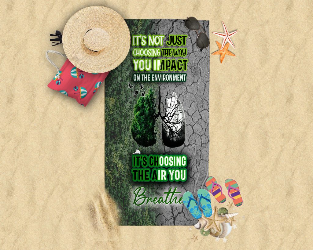 NATURE PAINTING ON TOWEL, THE AIR YOU BREATHE BEACH TOWEL, POLLUTION AWARENESS INSPIRED TYPOGRAPHY TOWEL 37.5X62IN ZERO WASTE INITIATIVE VACATION GIFT