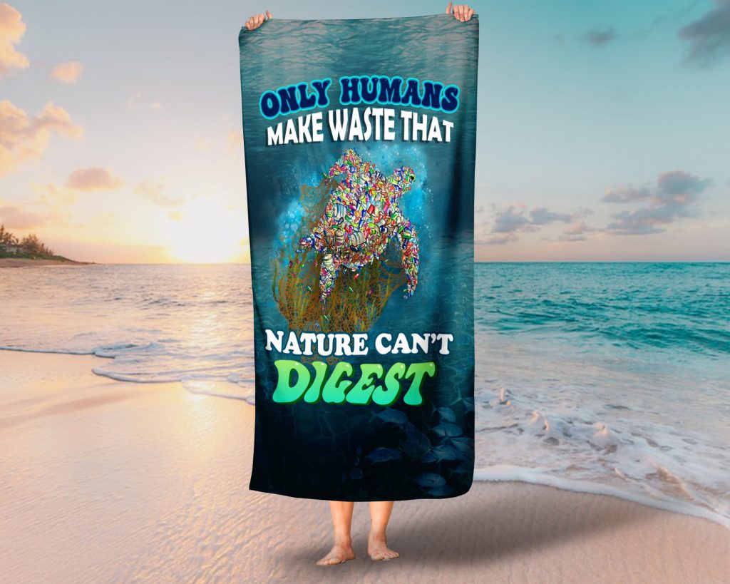 Nature Quote Inspired Bath Towel, Plastic Waste Beach Towel, Ocean Pollution Paintings on Pool Towel, 37.5x62Inch, Zero Waste Initiative Vacation Gift