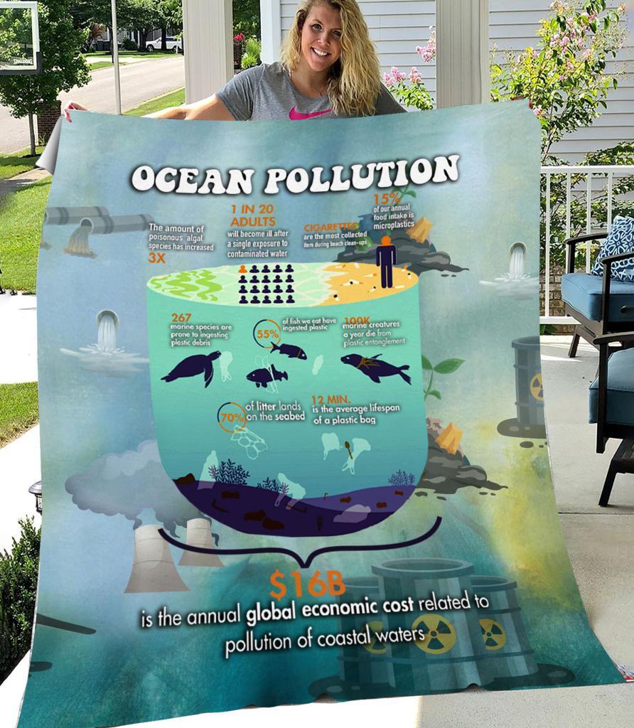 ENVIRONMENTAL GRAPHIC QUILT, OCEAN POLLUTION SHERPA BLANKET, SAVE OCEAN, SEA NATURE TYPOGRAPHY COVERLET, ZERO WASTE INITIATIVE BLANKET GIFT